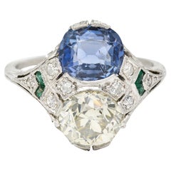 Art Deco Old European Cut Diamond Sapphire Emerald Platinum Toi-Et-Moi Ring