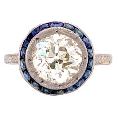 Art Deco Old European Cut Diamond Sapphire Halo Platinum Engagement Ring