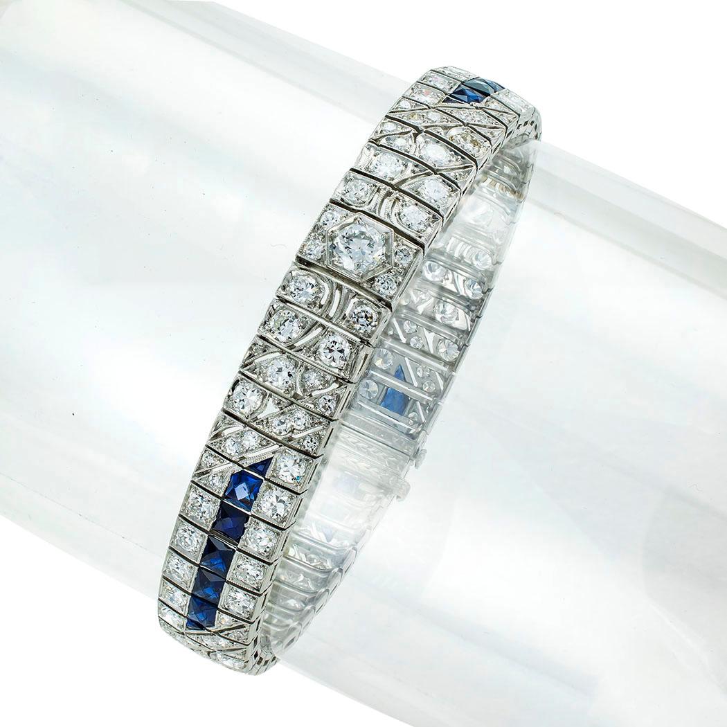 Art Deco old European-cut diamonds and sapphires platinum bracelet circa 1925. 

ABOUT THIS ITEM:  #B-DJ113J. Scroll down for specifications.  The old European-cut diamonds are very well matched for color throughout the bracelet.  Additionally, they