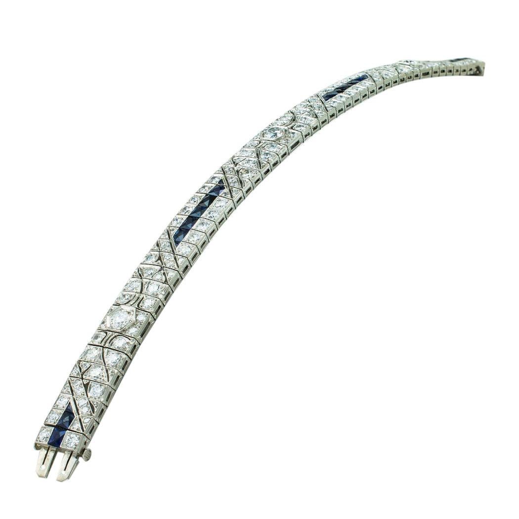 Art Deco Old European Cut Diamond Sapphire Platinum Bracelet In Good Condition In Los Angeles, CA