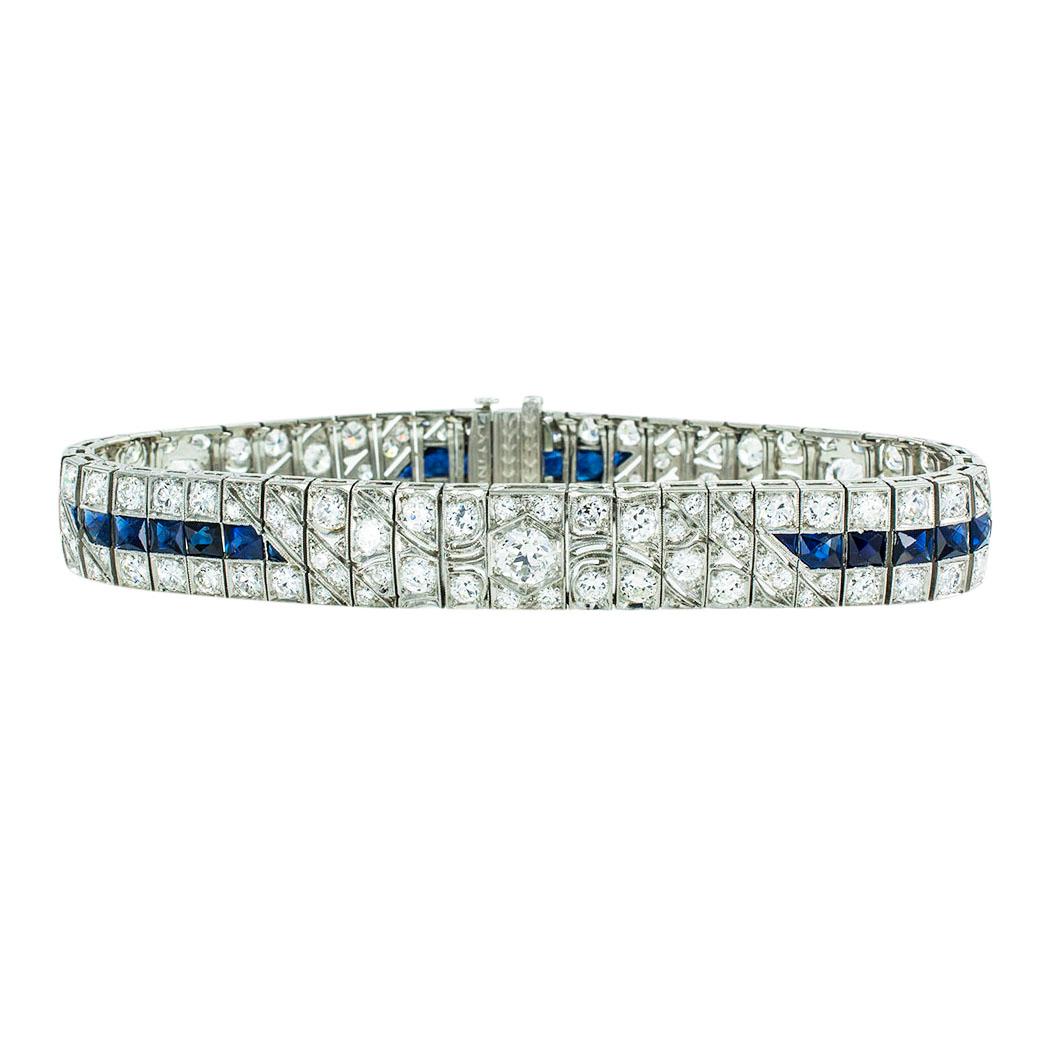 Women's Art Deco Old European Cut Diamond Sapphire Platinum Bracelet