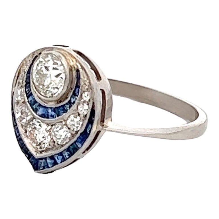 Art Deco Old European Cut Diamond Sapphire Platinum Cocktail Ring Antique In Excellent Condition For Sale In Boca Raton, FL
