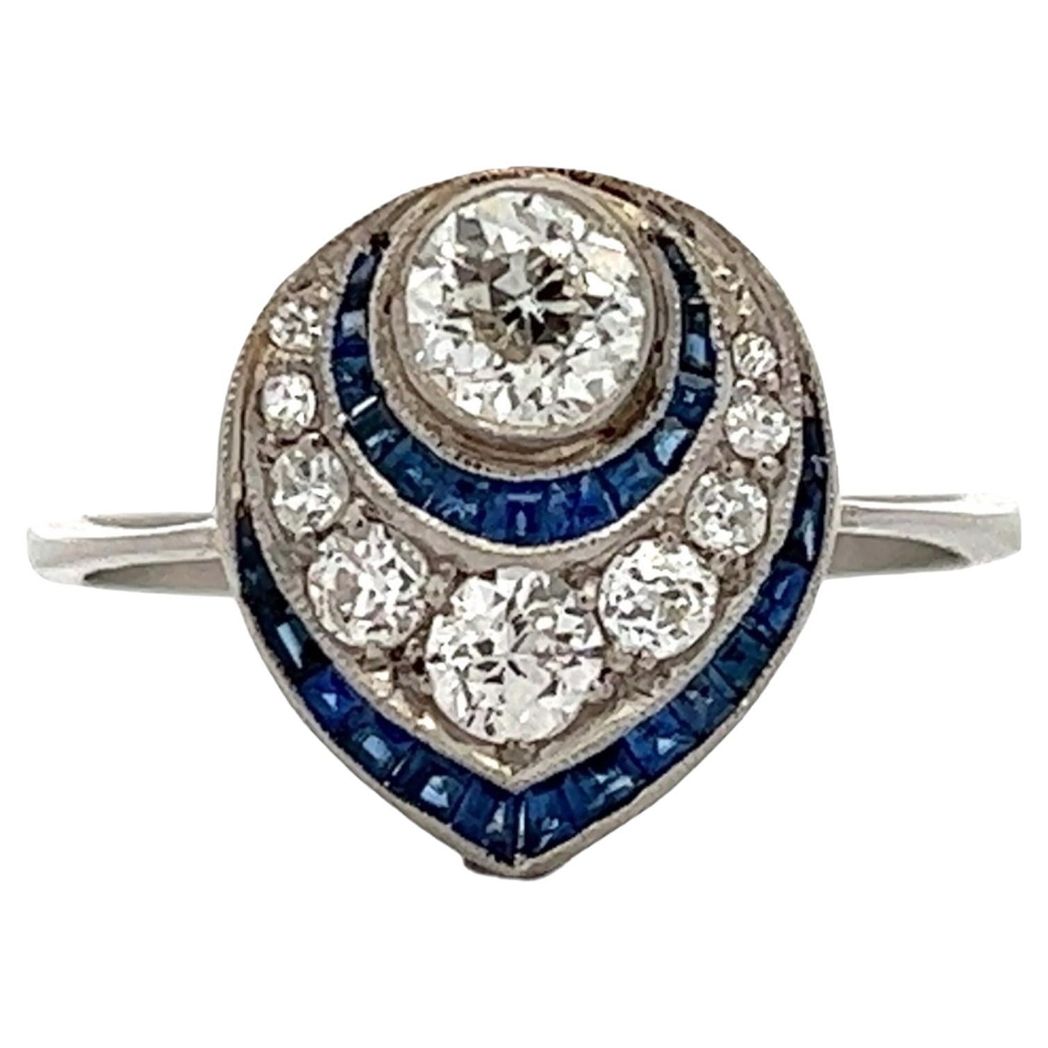 Art Deco Old European Cut Diamond Sapphire Platinum Cocktail Ring Antique