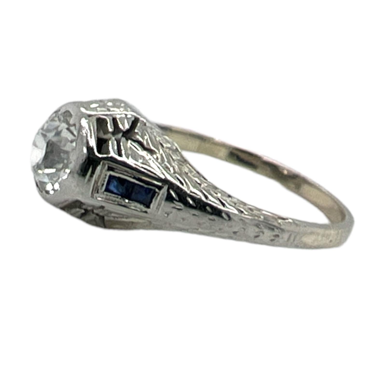 Art Deco Old European Cut Diamond Sapphire Platinum Estate Verlobungsring (Alteuropäischer Schliff) im Angebot
