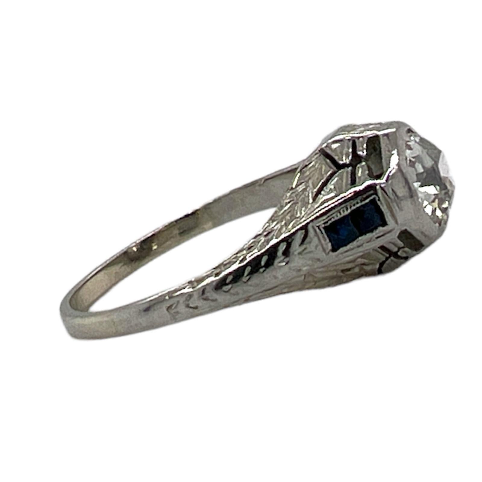 Art Deco Old European Cut Diamond Sapphire Platinum Estate Verlobungsring im Angebot 1