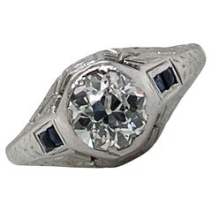 Art Deco Old European Cut Diamond Sapphire Platinum Estate Engagement Ring