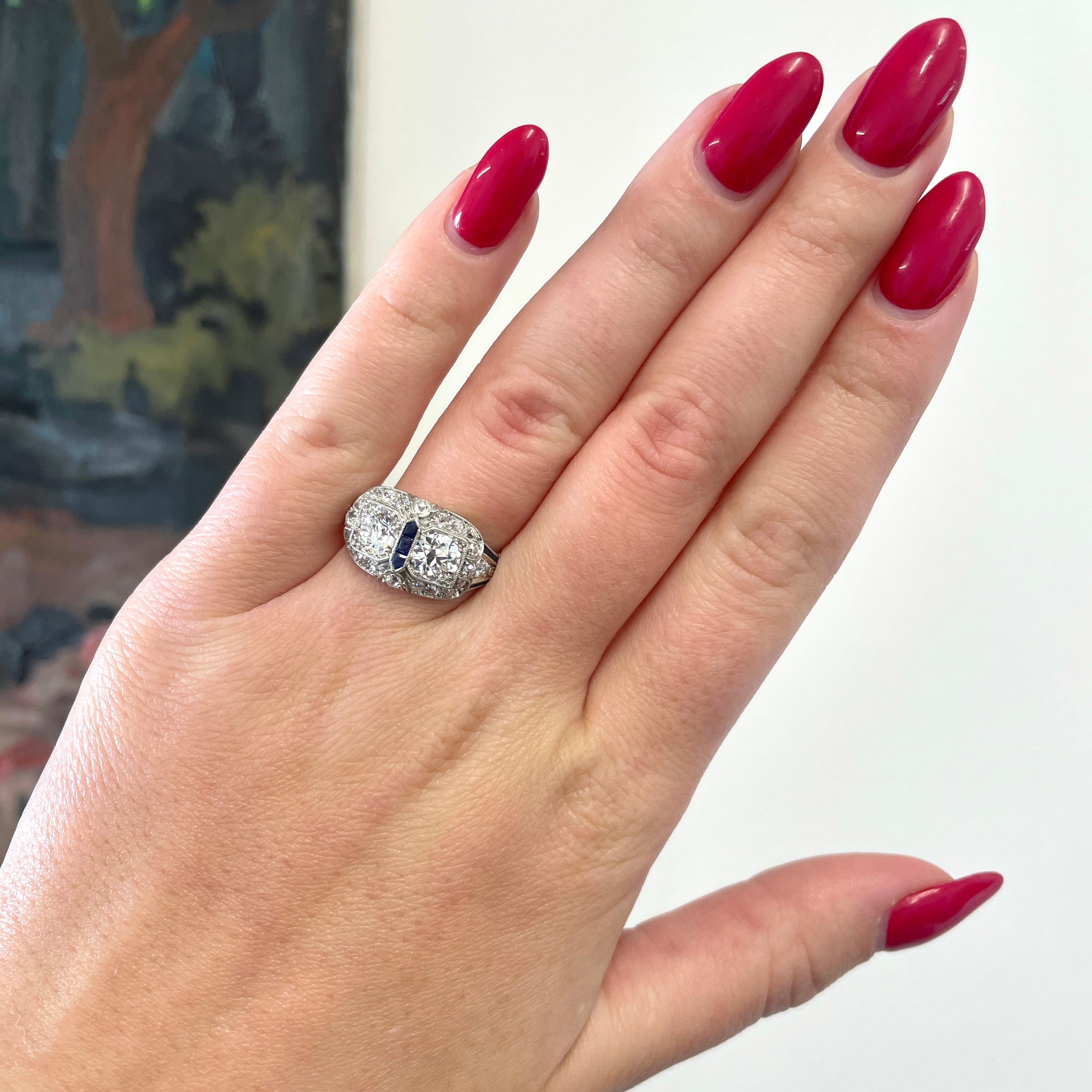 Art Deco, aka the Roaring 20s are known for endless parties and dancing, strong cocktails and lavish lifestyle. The jewelry from this period truly reflect the iconic era. This Art Deco Diamond Sapphire Platinum Ring is an outstanding example of