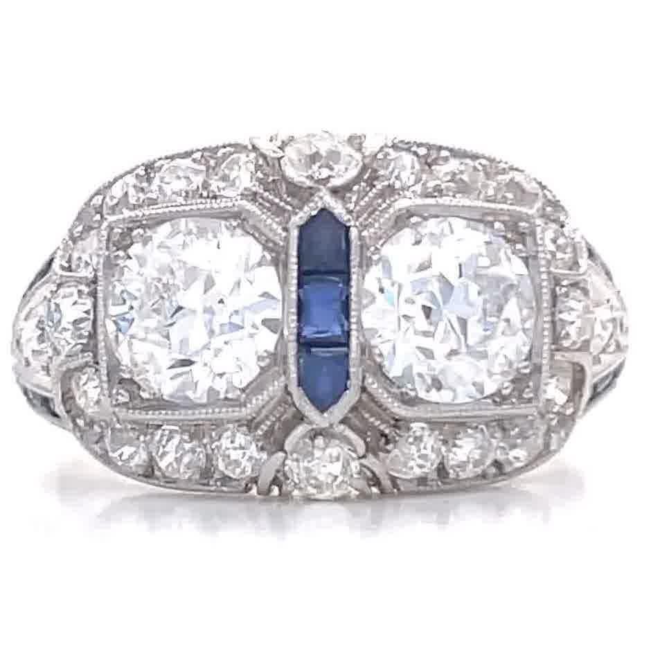 Art Deco Old European Cut Diamond Sapphire Platinum Ring In Excellent Condition In Beverly Hills, CA