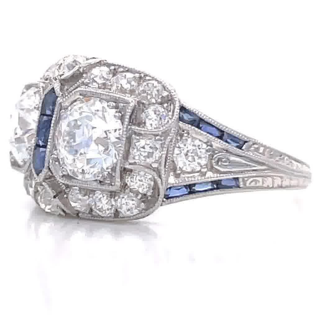 Women's Art Deco Old European Cut Diamond Sapphire Platinum Ring