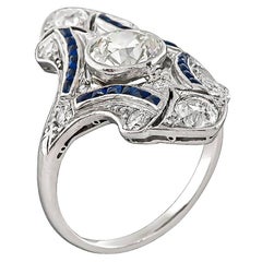 Art Deco Old European Cut Diamond Sapphire Platinum Shield Ring