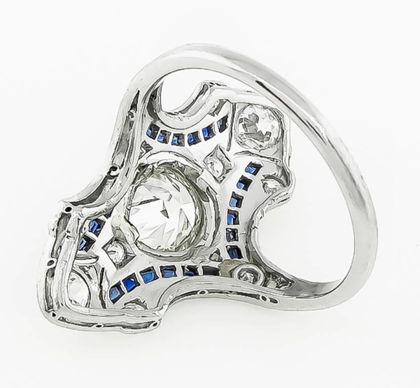 Art Deco Old European Cut Diamond Sapphire Platinum Shield Ring In New Condition For Sale In New York, NY