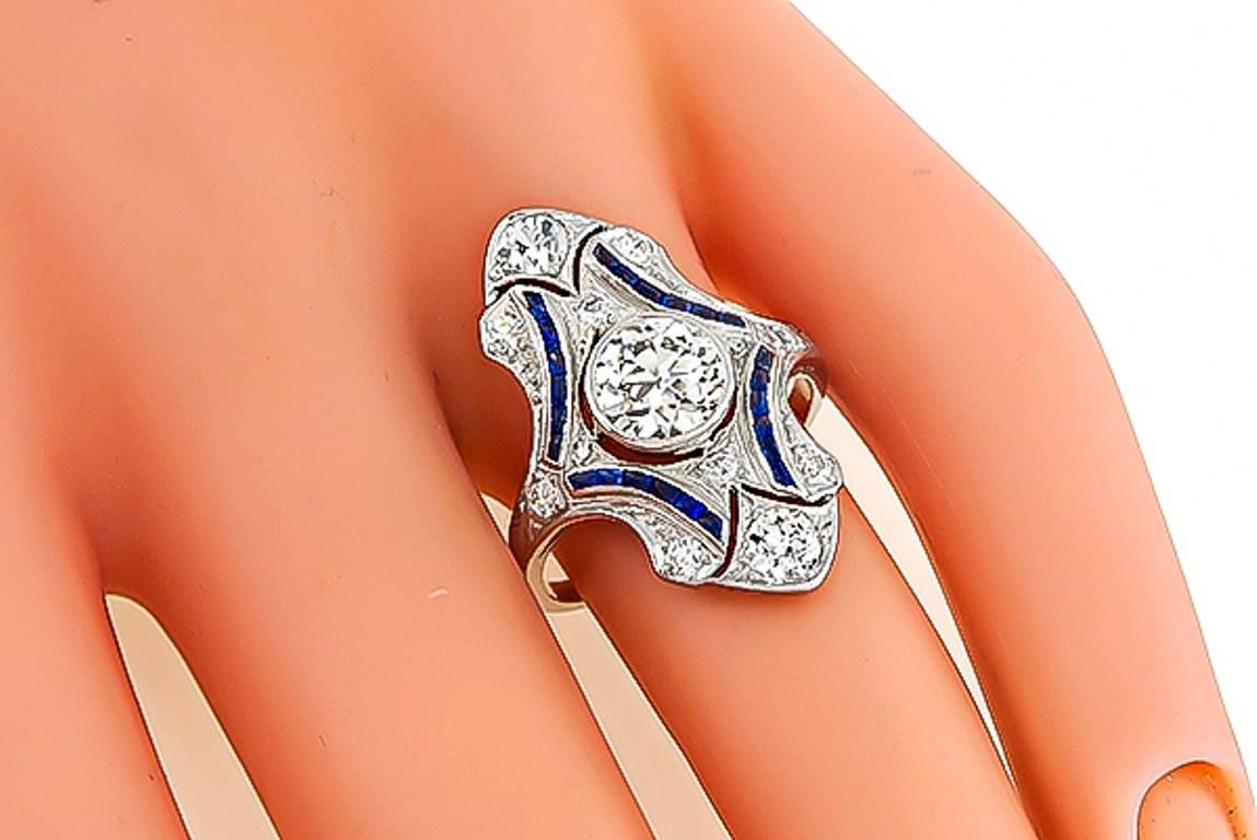 Women's or Men's Art Deco Old European Cut Diamond Sapphire Platinum Shield Ring For Sale