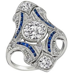 Art Deco Old European Cut Diamond Sapphire Platinum Shield Ring