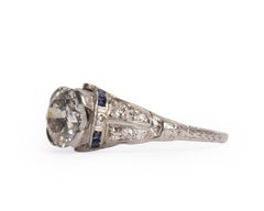 Art Deco Old European Cut Diamond Split Shank Platinum Ring w Blue Sapphire Ring