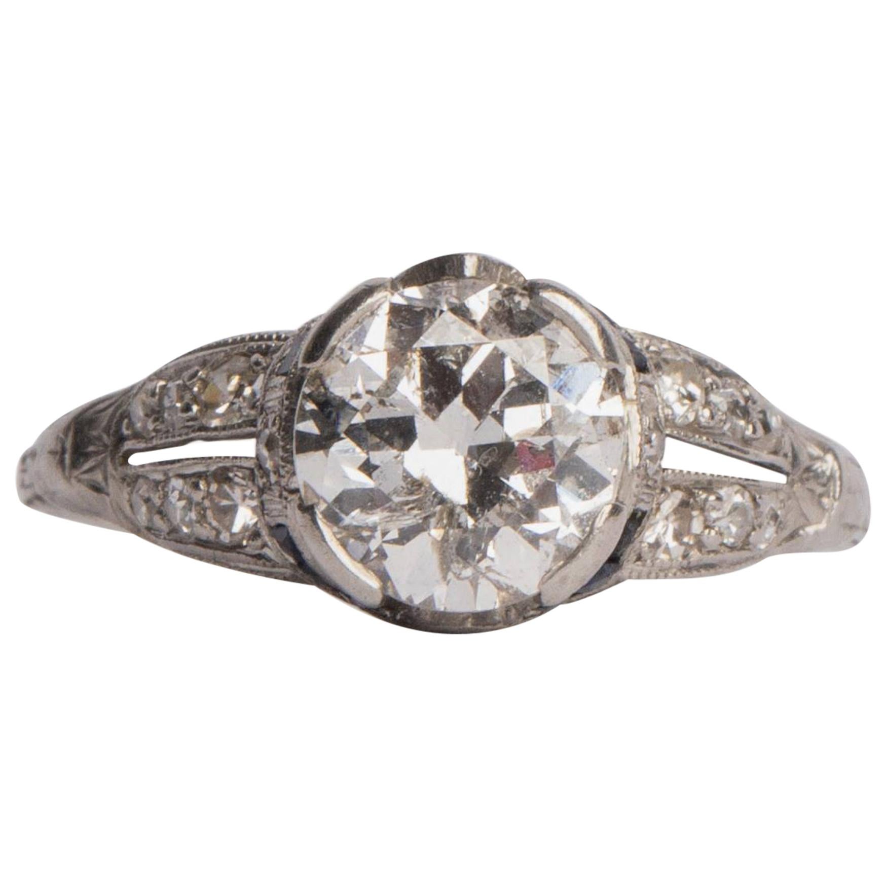 Art Deco Old European Cut Diamond Split Shank Platinum Ring w Blue Sapphire Ring