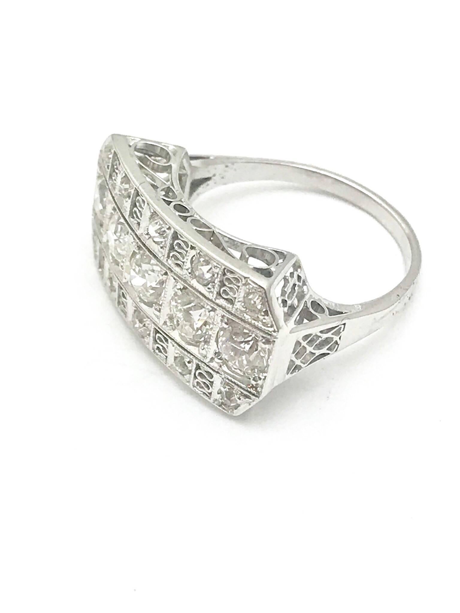 Art Deco Old European Cut Diamond Three-Row Platinum Ring In Excellent Condition For Sale In Chevy Chase, MD