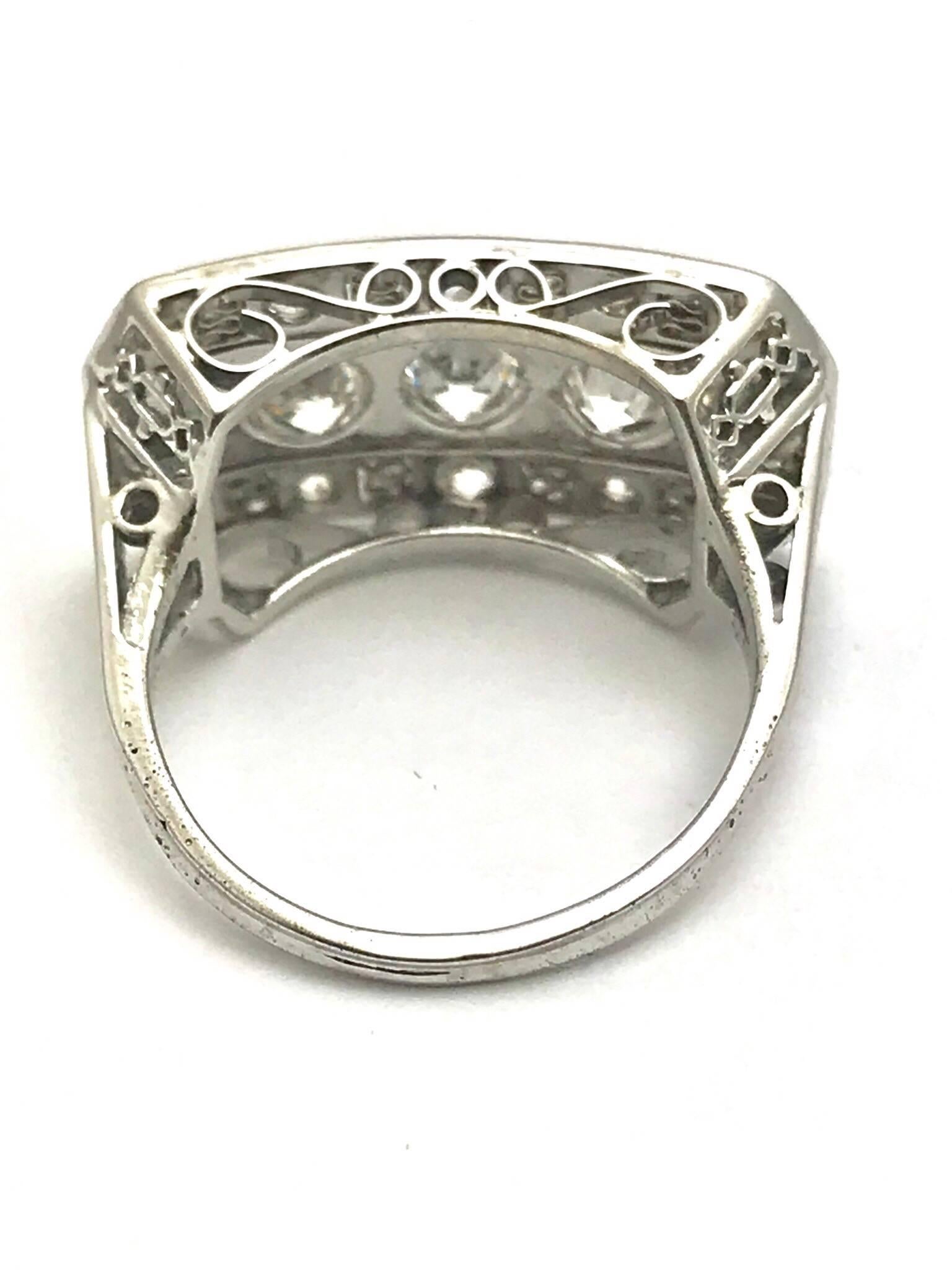 Art Deco Old European Cut Diamond Three-Row Platinum Ring For Sale 1