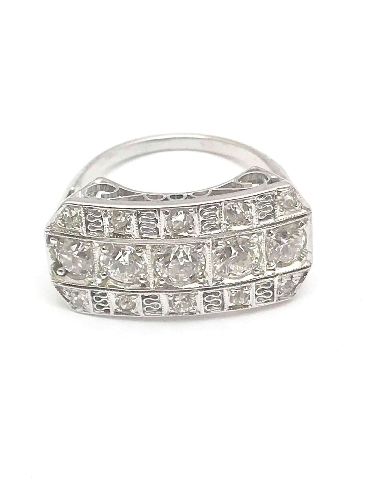 Art Deco Old European Cut Diamond Three-Row Platinum Ring For Sale 2