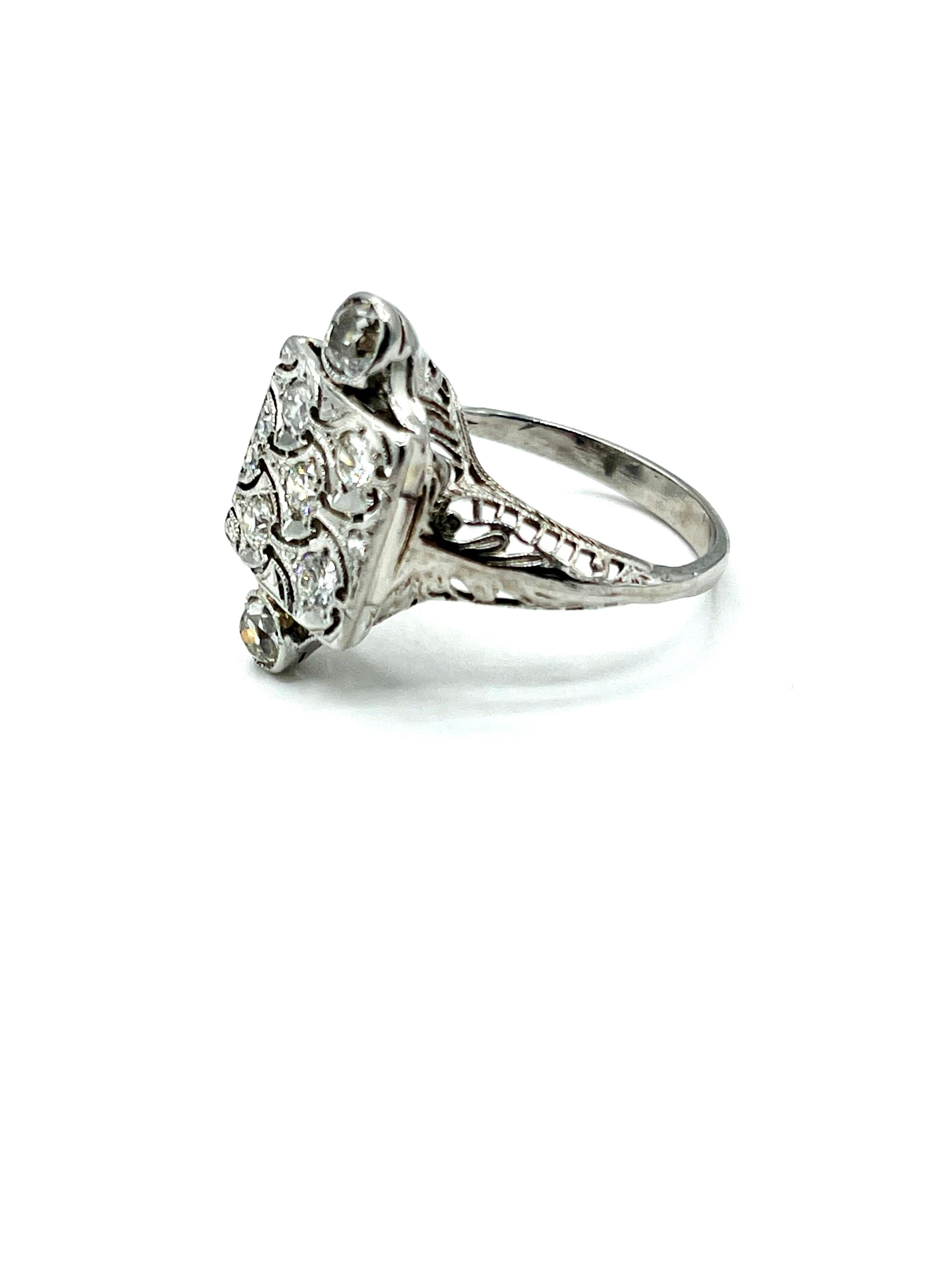Art Deco Old European Cut Diamond White Gold Cocktail Ring In Excellent Condition For Sale In Chevy Chase, MD