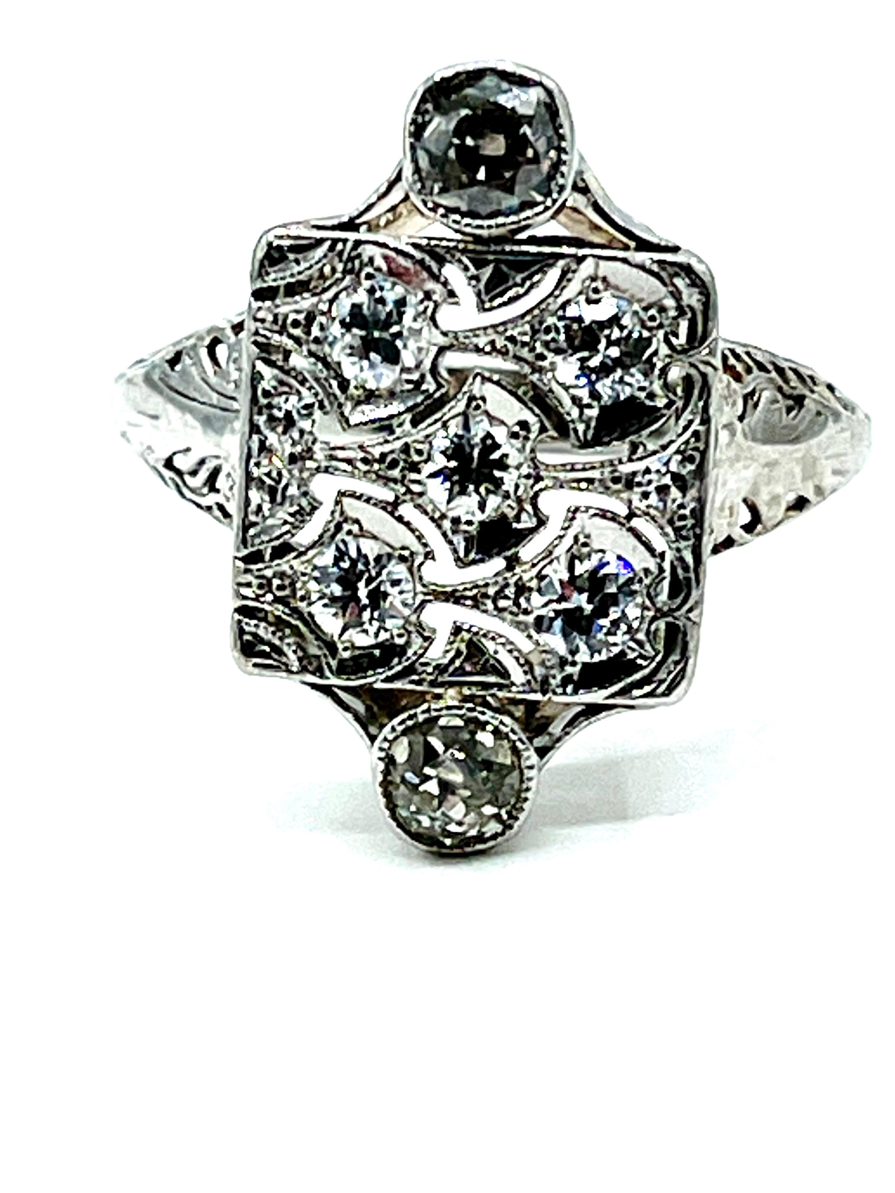 Art Deco Old European Cut Diamond White Gold Cocktail Ring For Sale 2