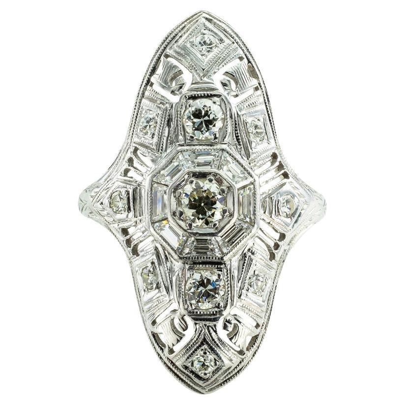 Art Deco Old European Cut Diamond White Gold Dinner Ring For Sale