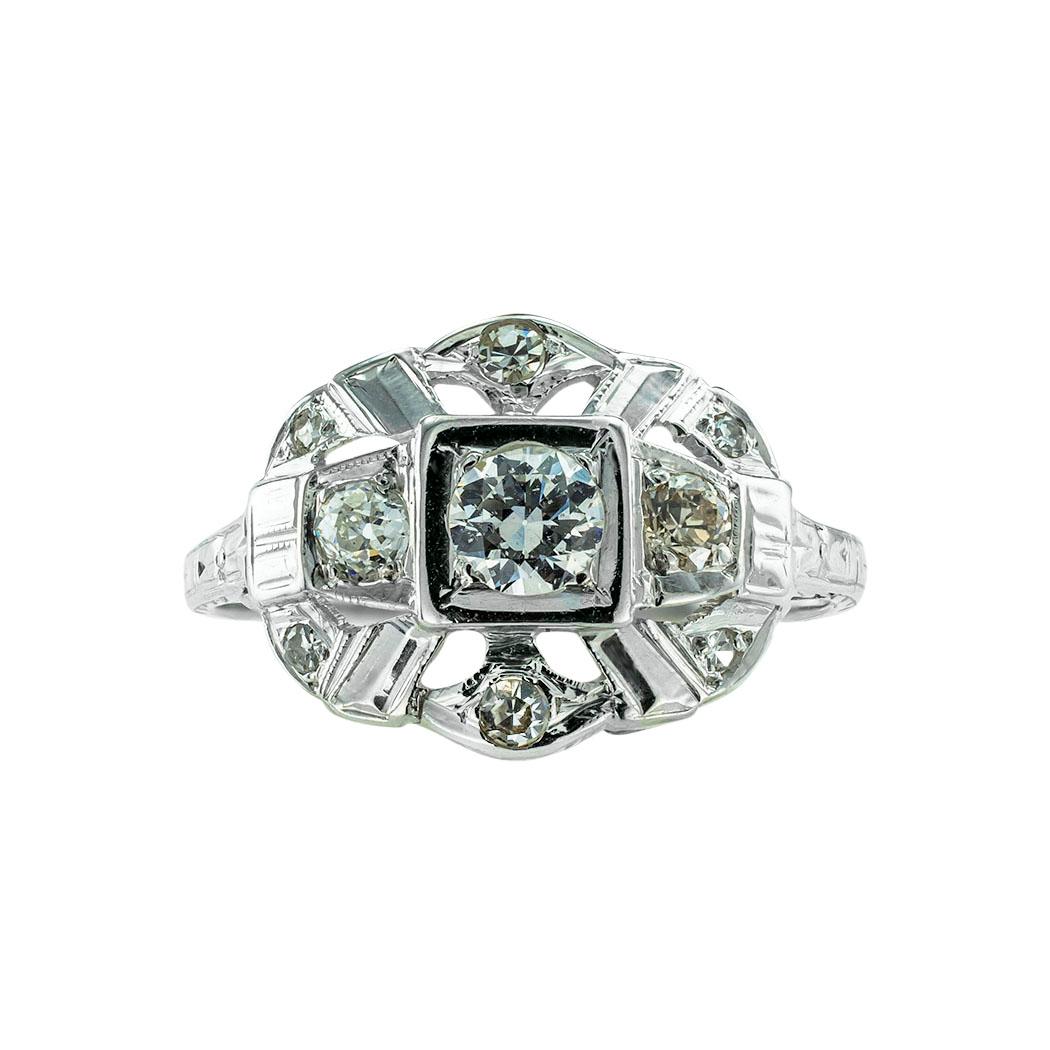 Women's Art Deco Old European Cut Diamond White Gold Engagement Ring For Sale