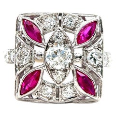 Art Deco Old European Cut Diamonds Ruby Platinum Filigree Dinner Ring