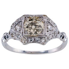 Art Deco Old European Cut Lite Yellow Color Diamond Platinum Engagement Ring