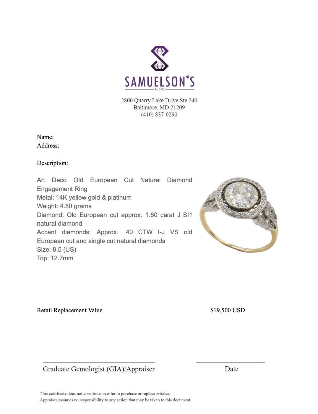 Art Deco Old European Cut Natural Diamond Engagement Ring 2