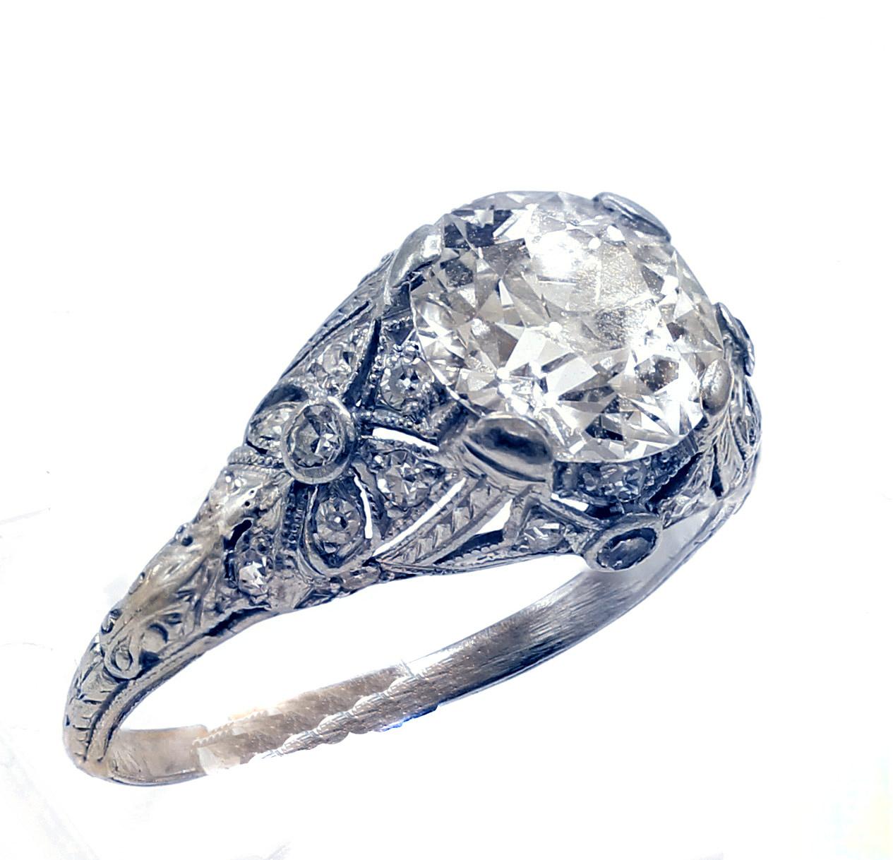 Women's or Men's Art Deco Old European Cut Platinum Diamond Engagement Ring