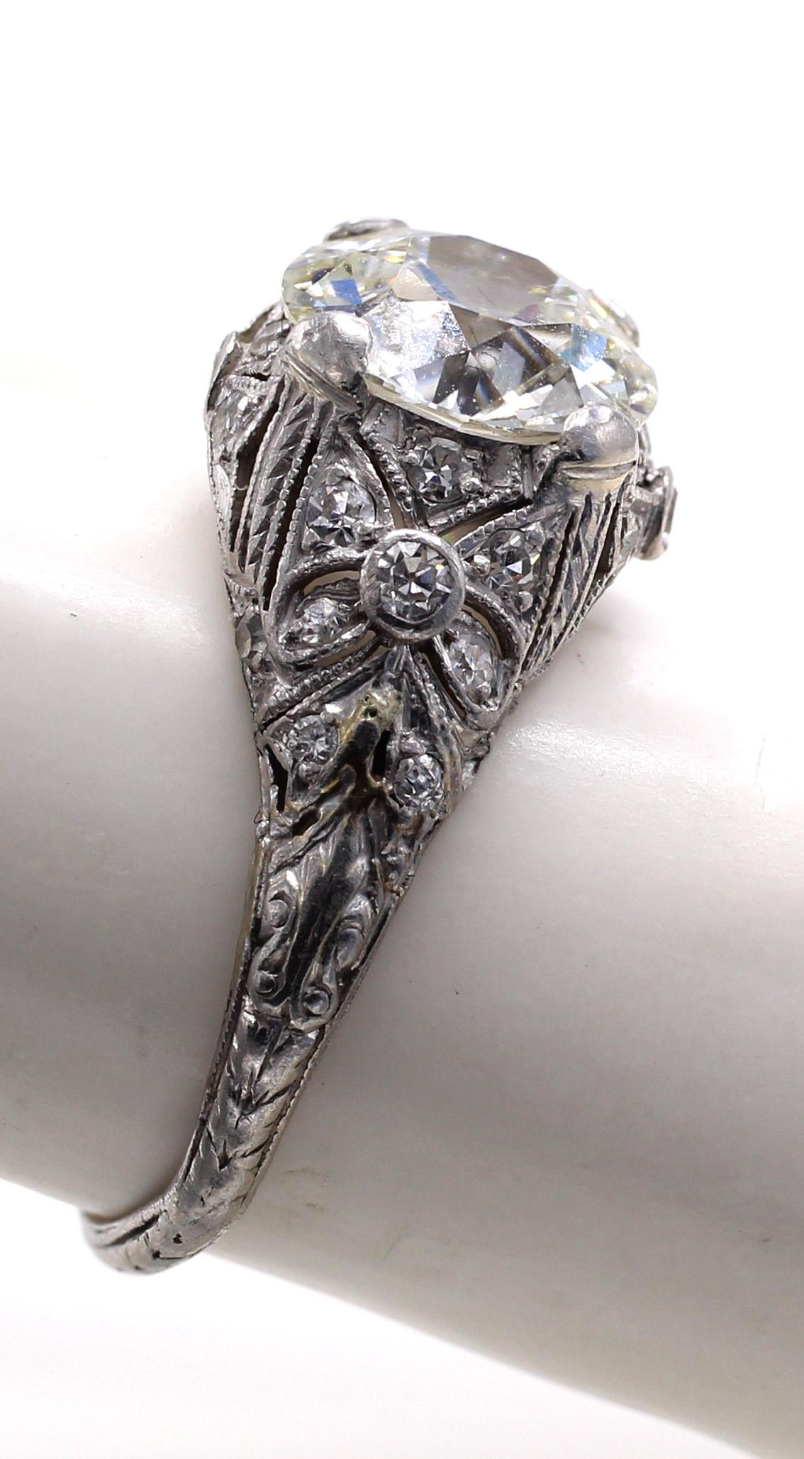 Art Deco Old European Cut Platinum Diamond Engagement Ring 1