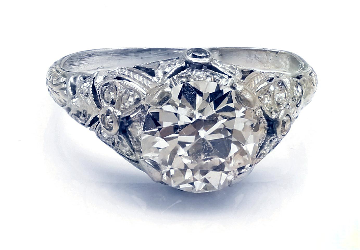Art Deco Old European Cut Platinum Diamond Engagement Ring 2