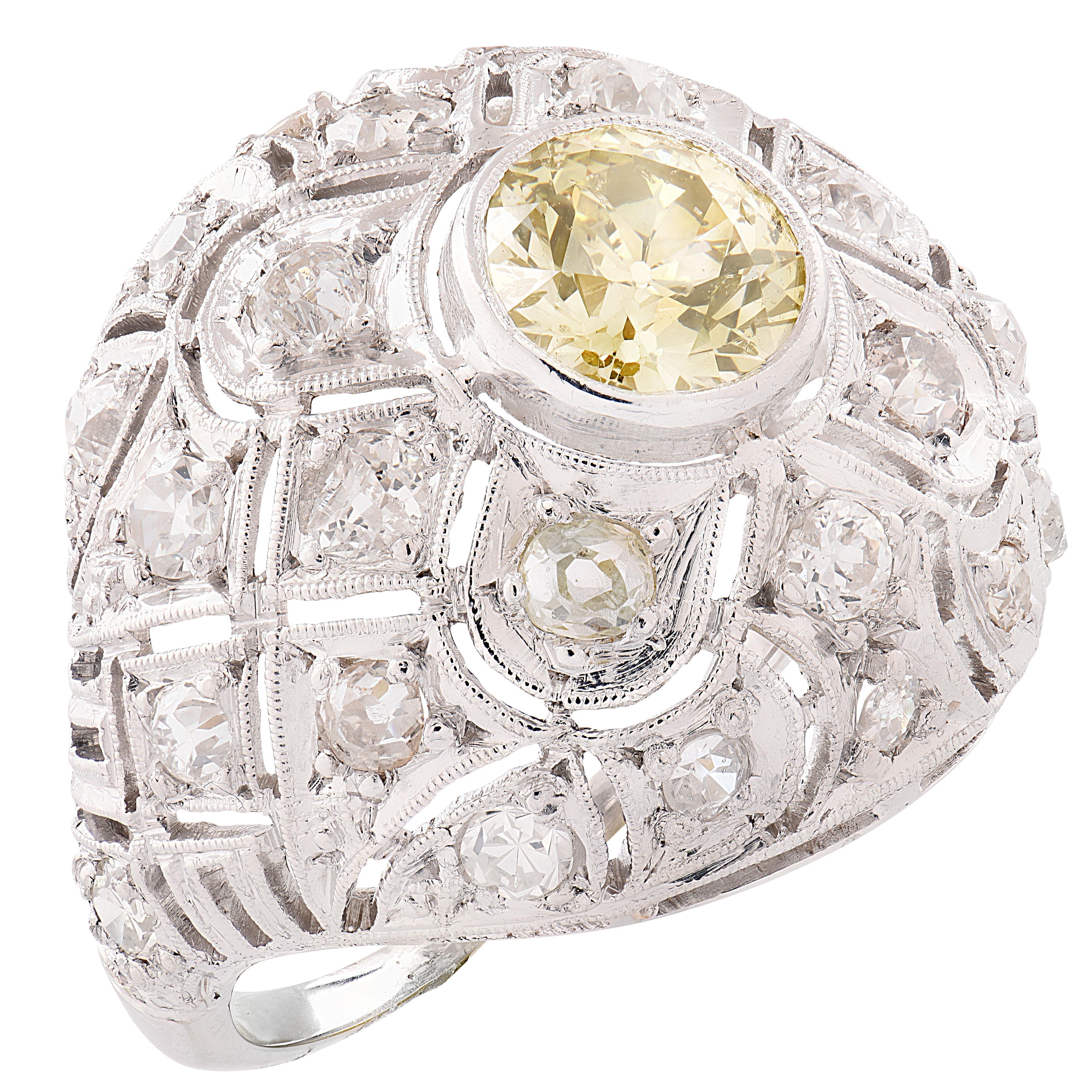 Bague Art déco en diamant jaune de taille européenne Pour femmes en vente