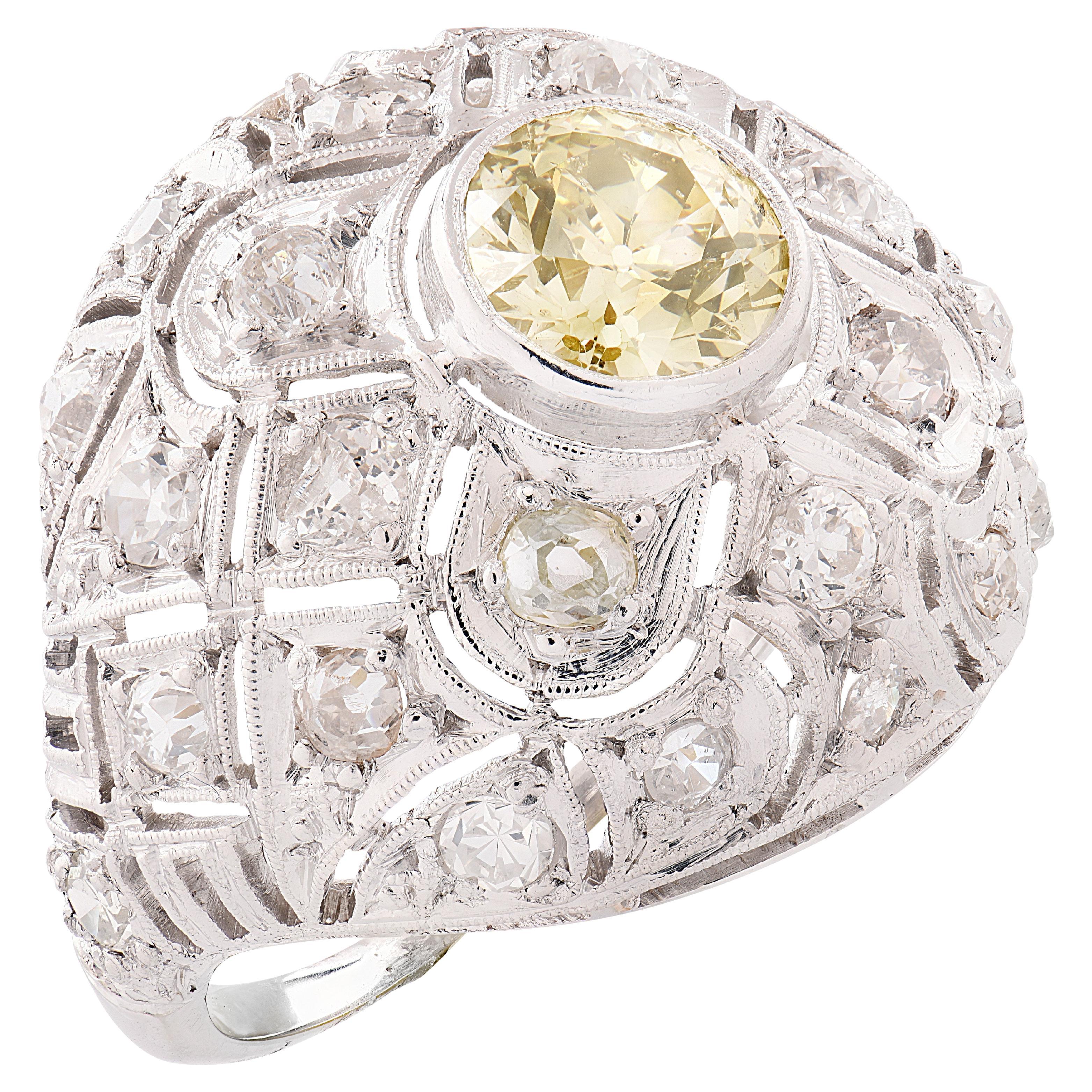 Anello di diamanti gialli Art Deco Old European Cut