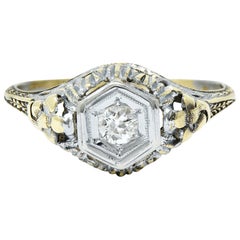 Art Deco Old European Diamond 14 Karat Two-Tone Gold Floral Engagement Ring