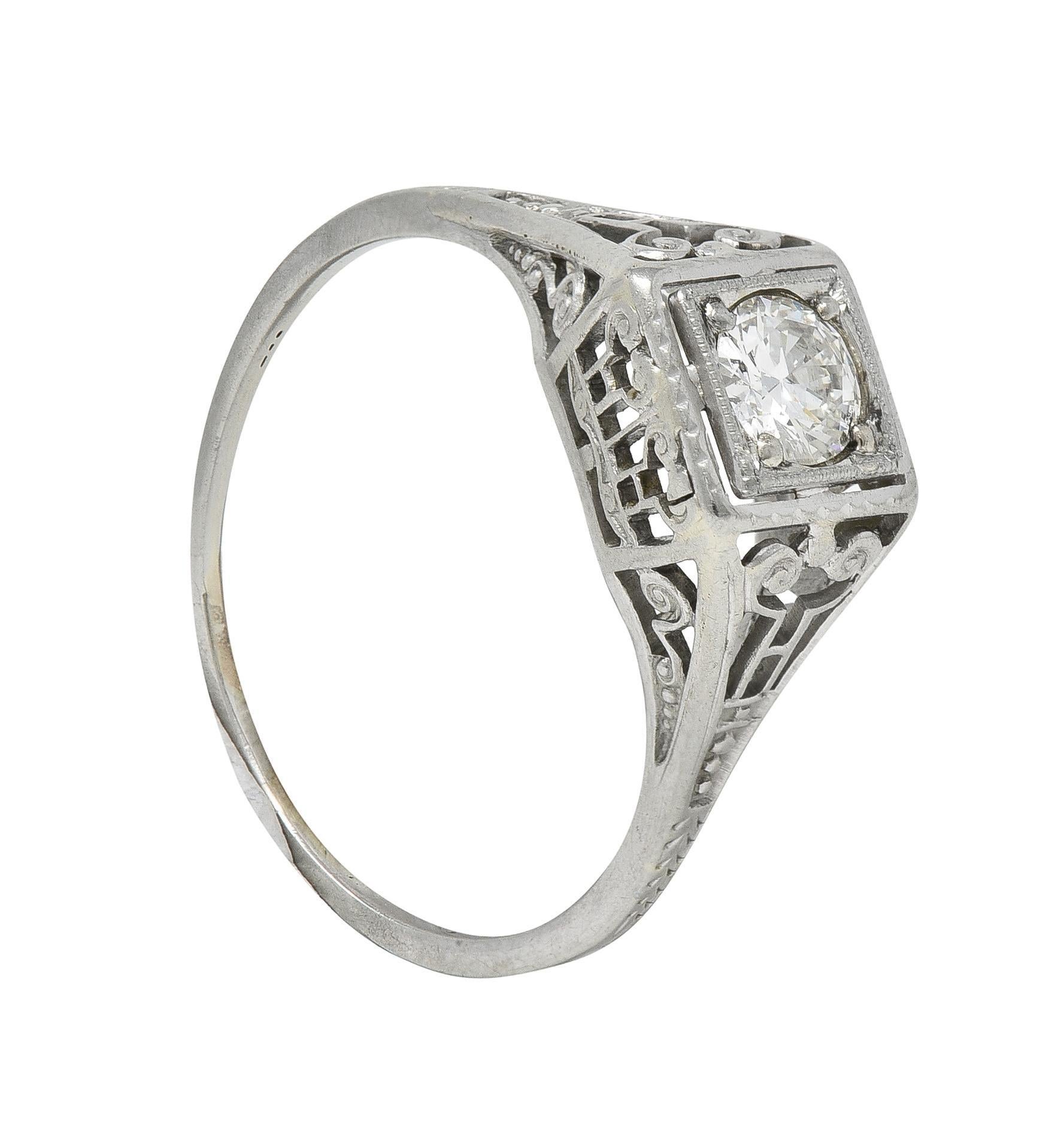 Art Deco Old European Diamond 14 Karat White Gold Column Engagement Ring For Sale 5