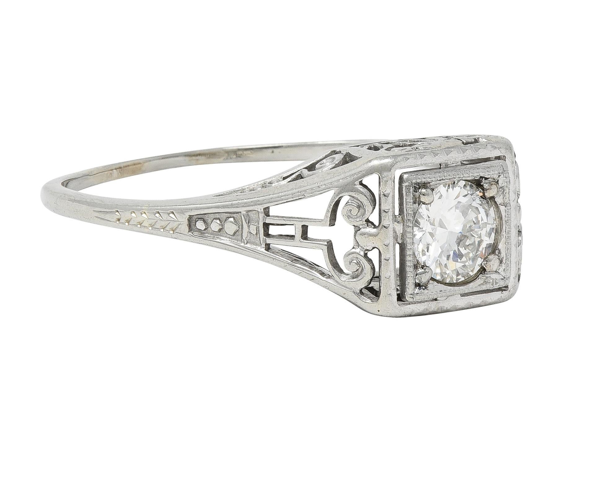 Old European Cut Art Deco Old European Diamond 14 Karat White Gold Column Engagement Ring For Sale