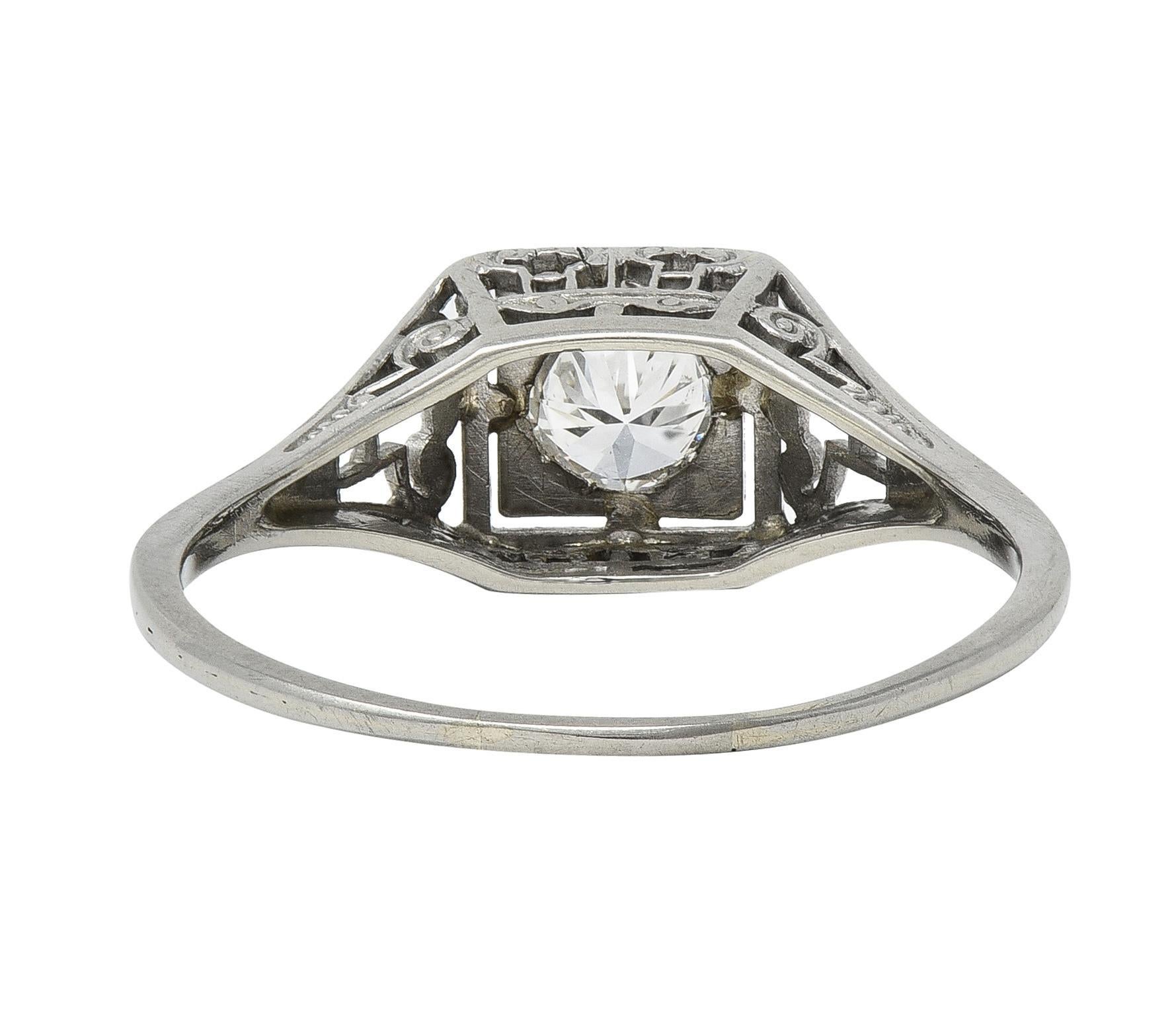 Women's or Men's Art Deco Old European Diamond 14 Karat White Gold Column Engagement Ring For Sale