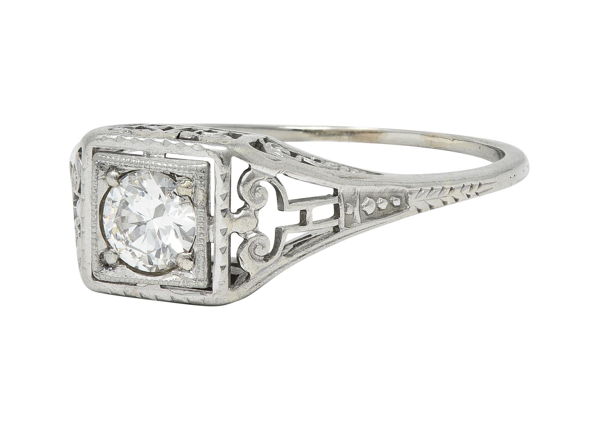 Art Deco Old European Diamond 14 Karat White Gold Column Engagement Ring For Sale 2
