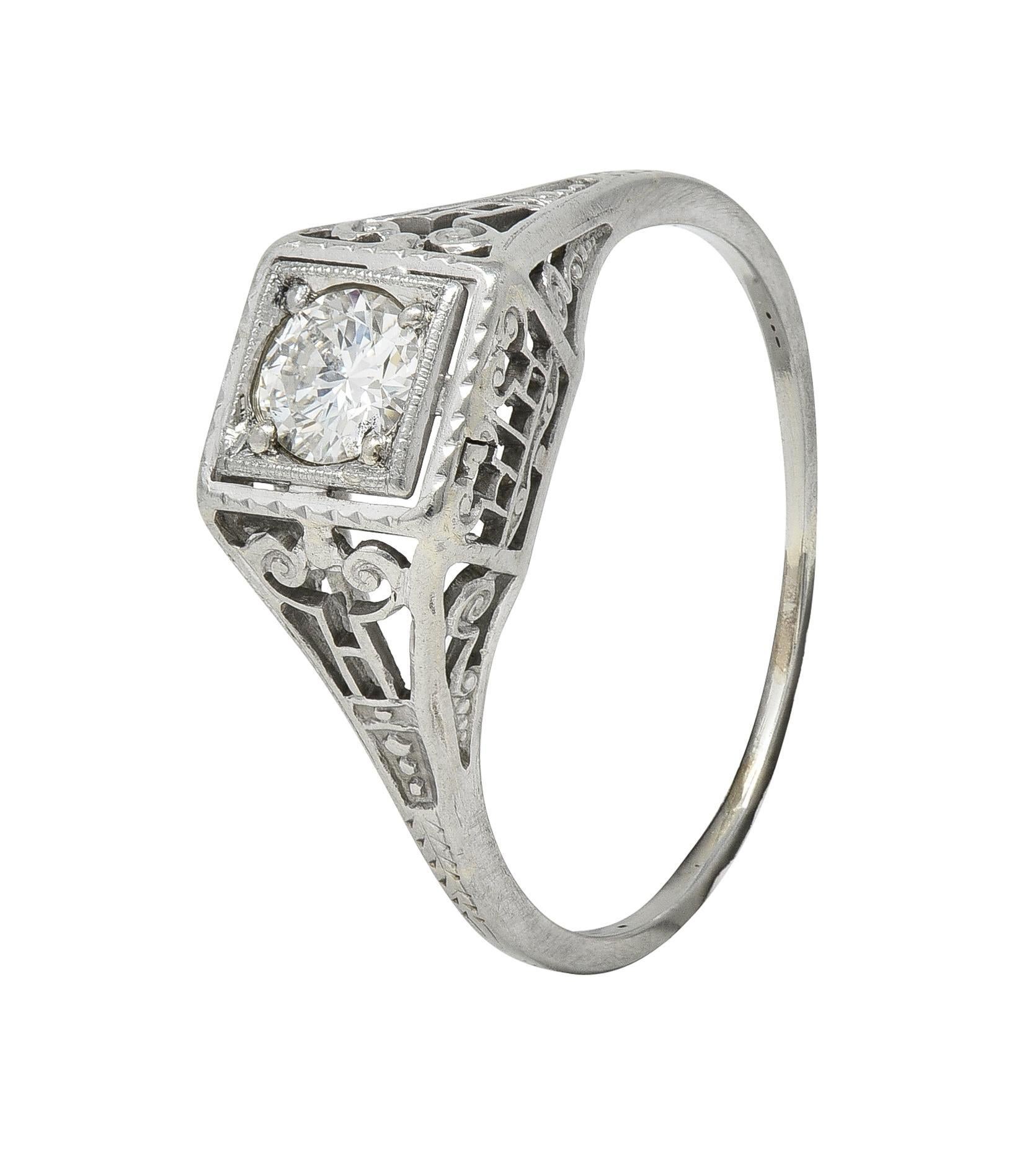 Art Deco Old European Diamond 14 Karat White Gold Column Engagement Ring For Sale 3