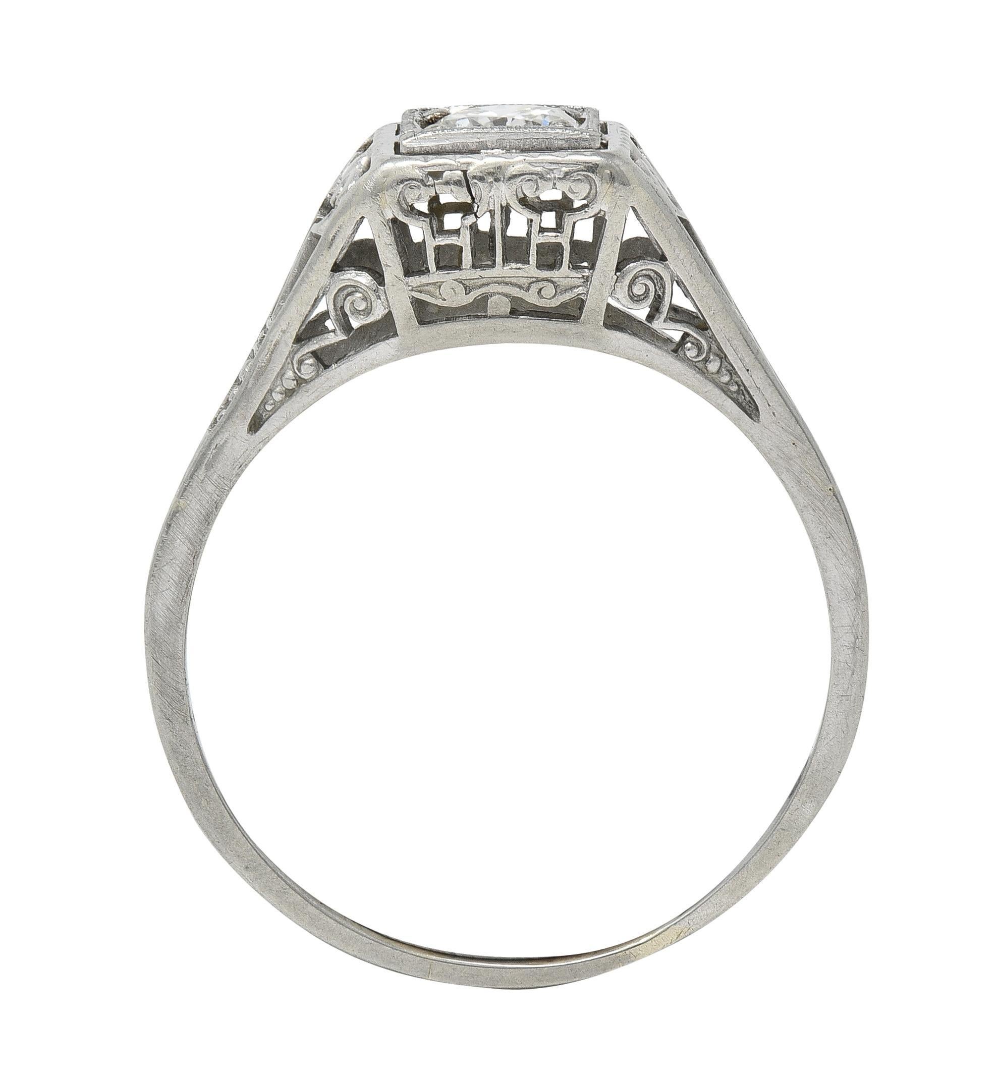 Art Deco Old European Diamond 14 Karat White Gold Column Engagement Ring For Sale 4