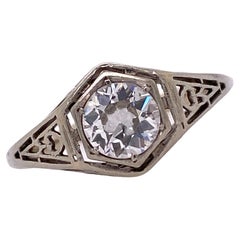 Antique Art Deco Old European Diamond 14 Karat White Gold Engagement Ring Solitaire