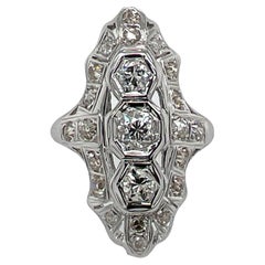 Antique Art Deco Old European Diamond 18 Karat White Gold Filigree Cocktail Ring