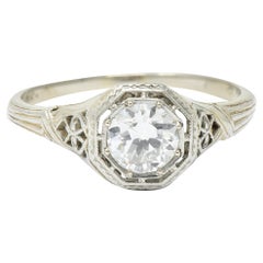 Vintage Art Deco Old European Diamond 18 Karat White Gold Heart Engagement Ring