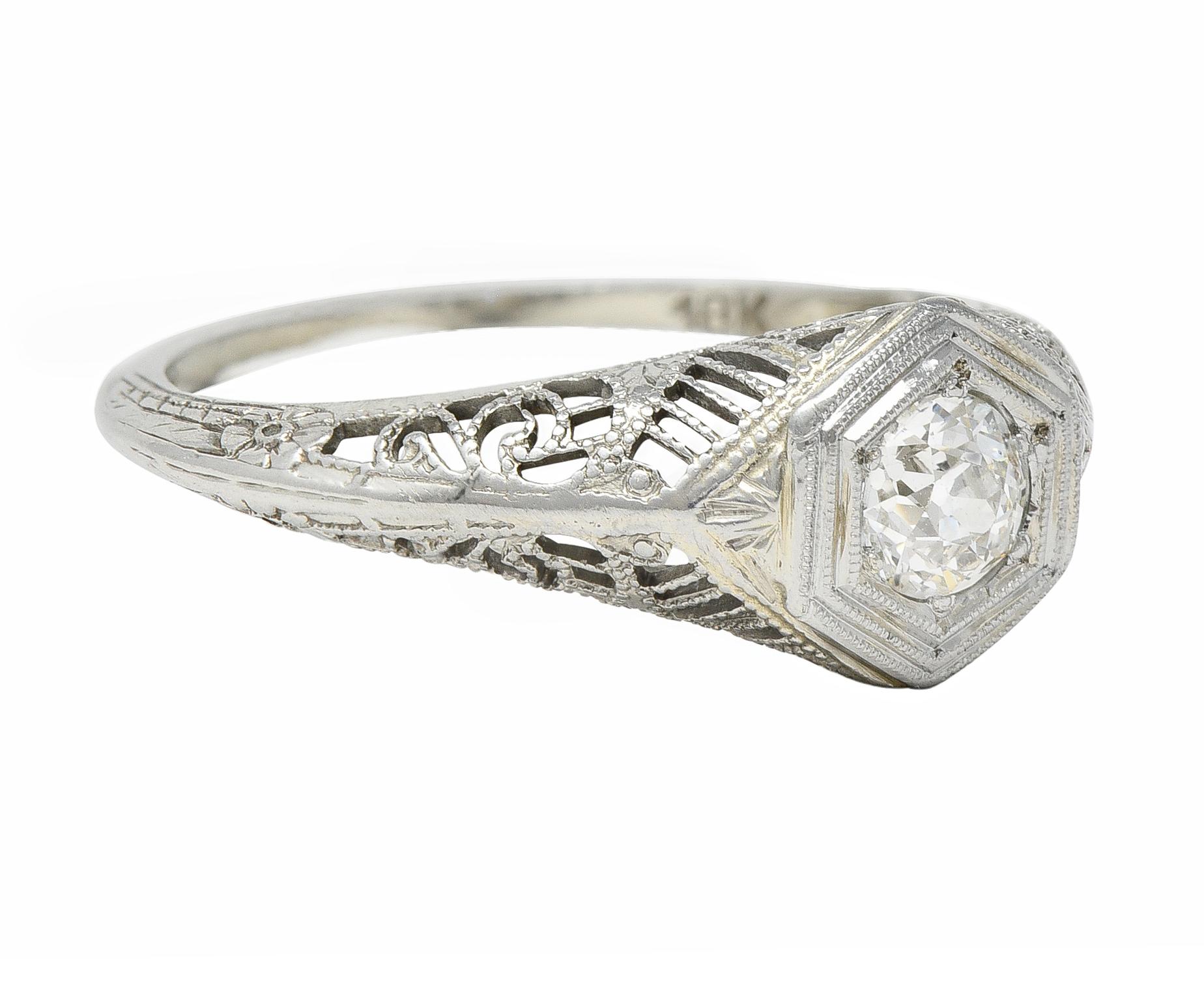 Art Deco Old European Diamond 18 Karat White Gold Heart Vintage Engagement Ring For Sale 5