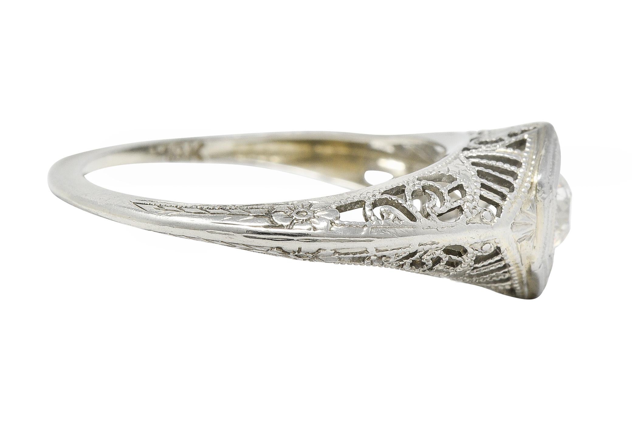 Art Deco Old European Diamond 18 Karat White Gold Heart Vintage Engagement Ring For Sale 6