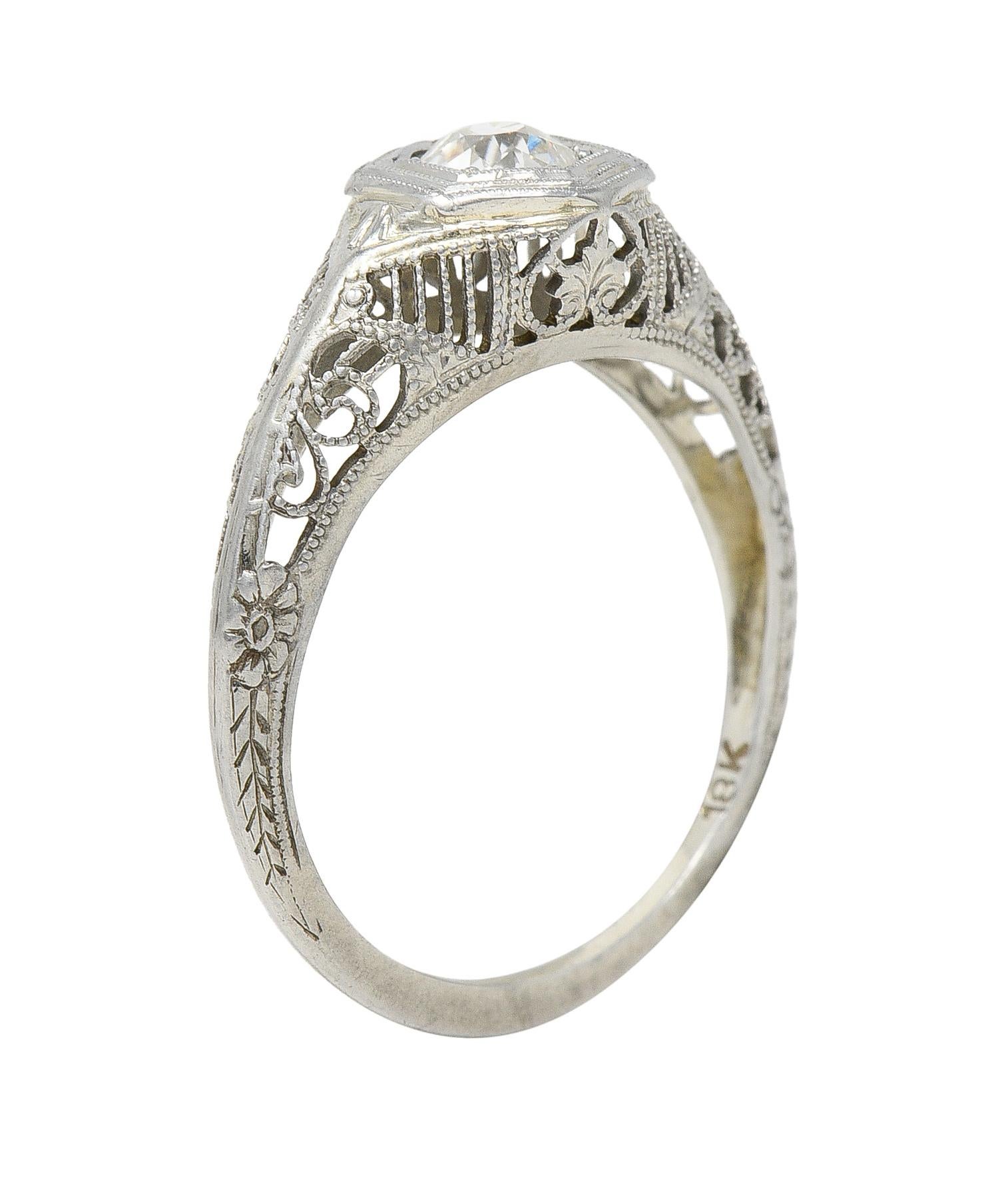 Art Deco Old European Diamond 18 Karat White Gold Heart Vintage Engagement Ring 7