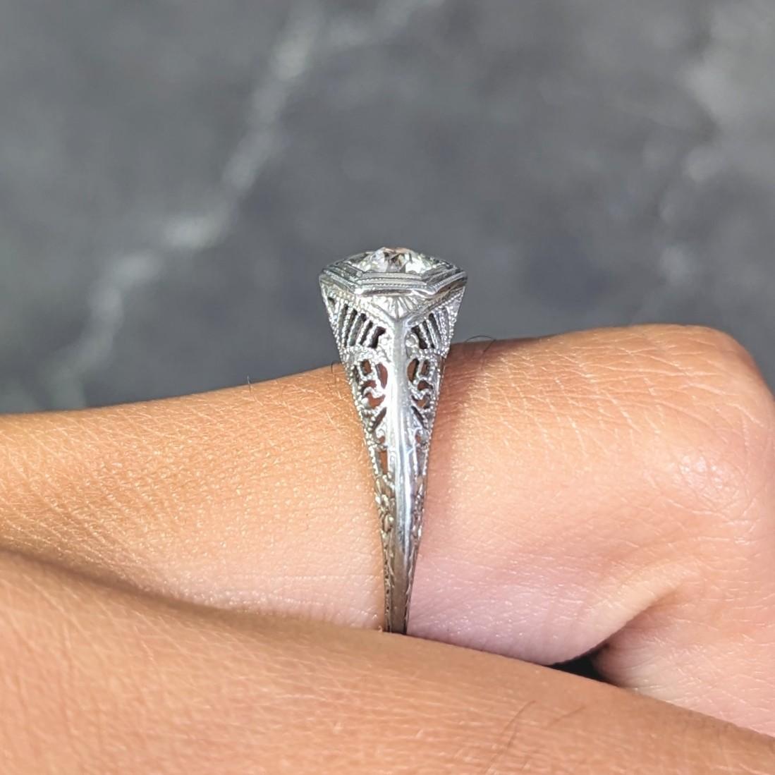 Art Deco Old European Diamond 18 Karat White Gold Heart Vintage Engagement Ring For Sale 9