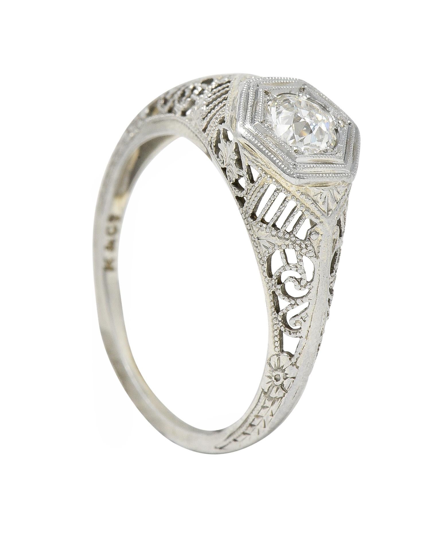 Old European Cut Art Deco Old European Diamond 18 Karat White Gold Heart Vintage Engagement Ring For Sale