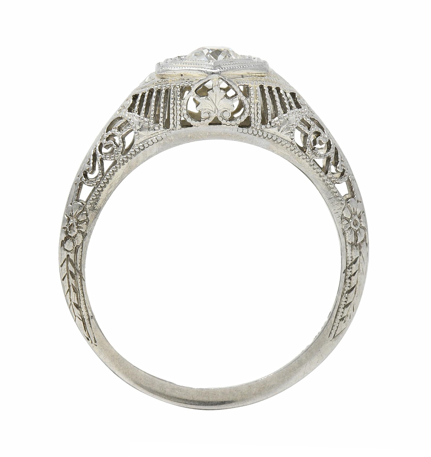Art Deco Old European Diamond 18 Karat White Gold Heart Vintage Engagement Ring In Excellent Condition In Philadelphia, PA